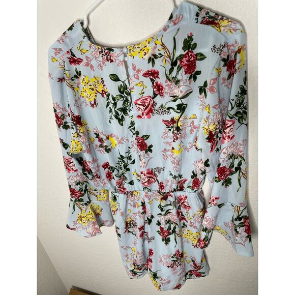 NWOT Amazon Blue Floral Long Sleeve Romper Bell Sleeve BOHO Fall MEDIUM - Picture 6 of 8